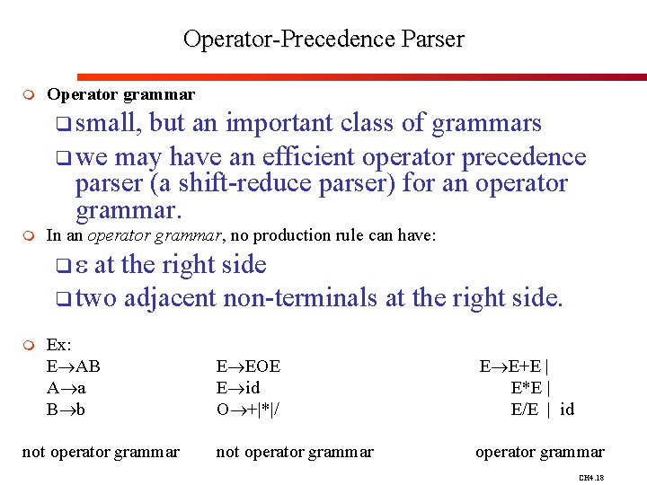 Operator-Precedence Parser m Operator grammar q small, but an important class of grammars q