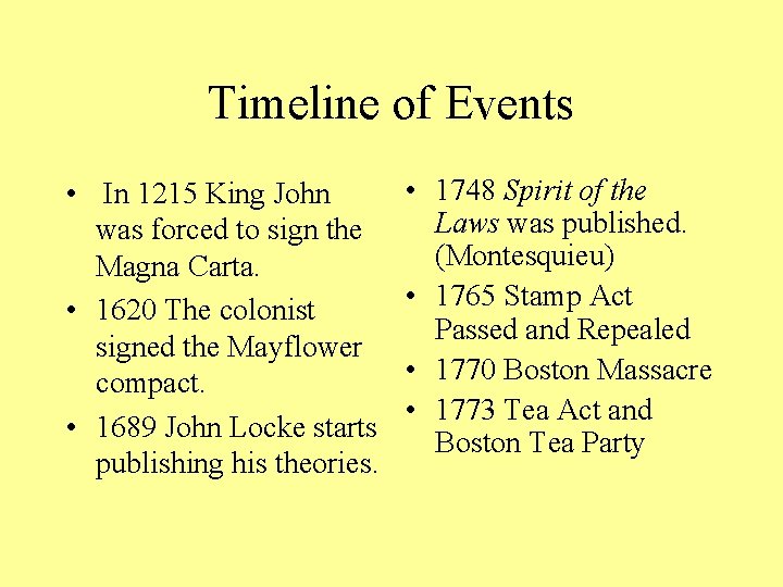 Timeline of Events • In 1215 King John was forced to sign the Magna