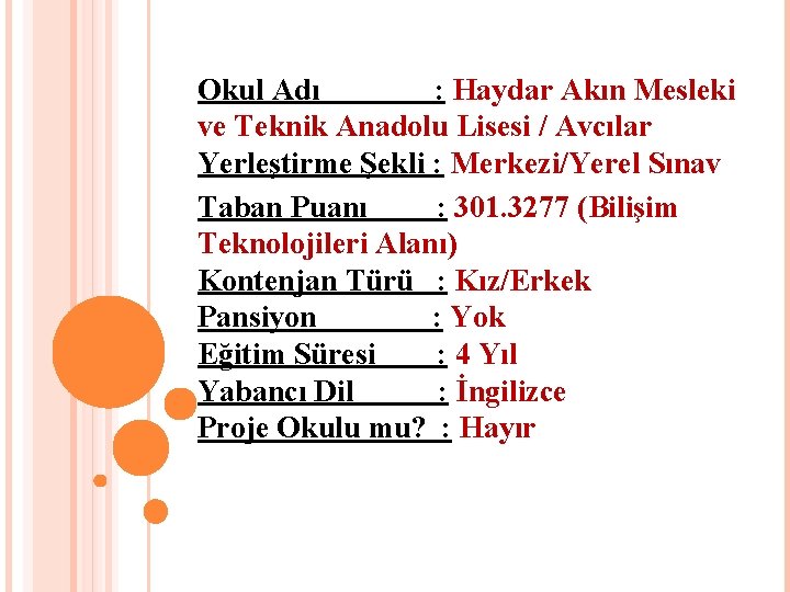 Okul Adı : Haydar Akın Mesleki ve Teknik Anadolu Lisesi / Avcılar Yerleştirme Şekli