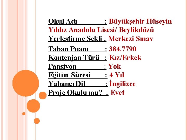 Okul Adı : Büyükşehir Hüseyin Yıldız Anadolu Lisesi/ Beylikdüzü Yerleştirme Şekli : Merkezi Sınav