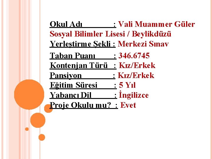 Okul Adı : Vali Muammer Güler Sosyal Bilimler Lisesi / Beylikdüzü Yerleştirme Şekli :