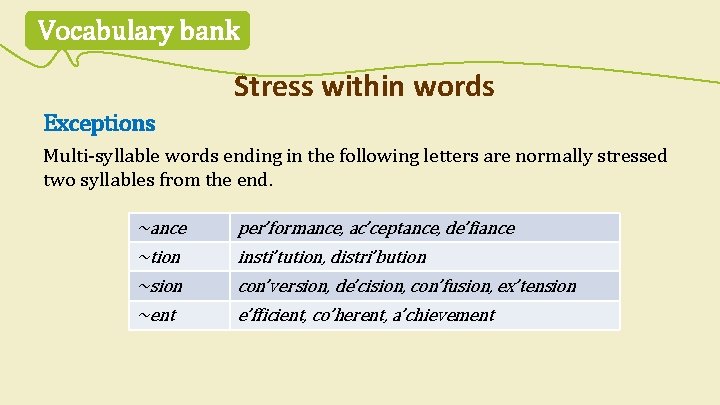 Vocabulary bank Stress within words Exceptions Multi-syllable words ending in the following letters are