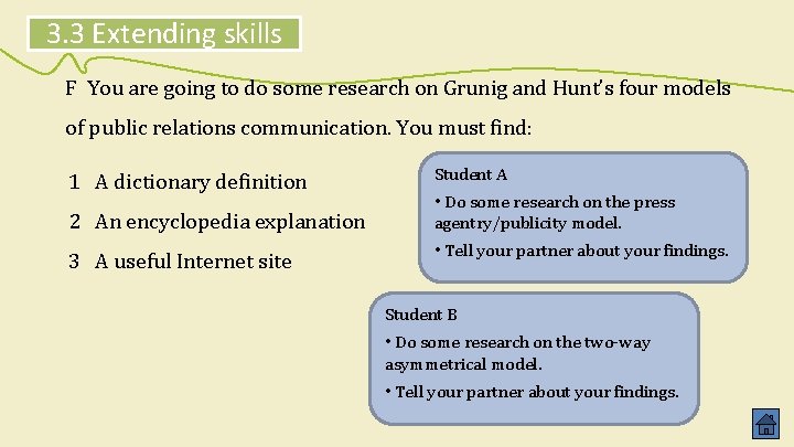 3. 3 Extending skills F You are going to do some research on Grunig