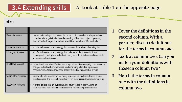 3. 4 Extending skills A Look at Table 1 on the opposite page. 1