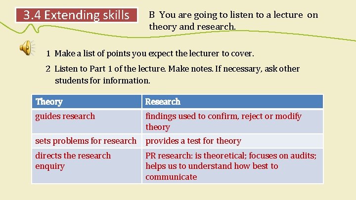 3. 4 Extending skills B You are going to listen to a lecture on