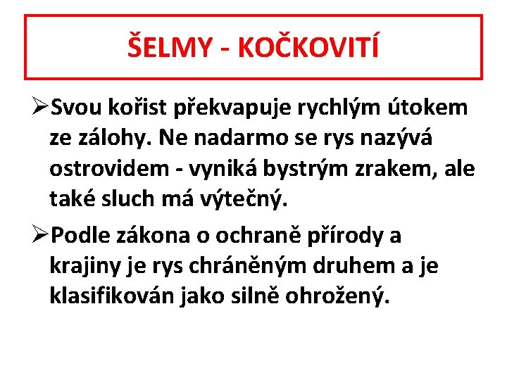 ŠELMY - KOČKOVITÍ ØSvou kořist překvapuje rychlým útokem ze zálohy. Ne nadarmo se rys