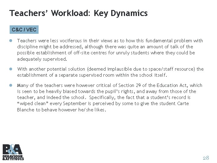Teachers’ Workload: Key Dynamics C&C / VEC l Teachers were less vociferous in their