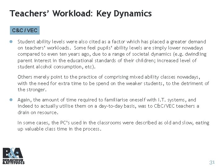 Teachers’ Workload: Key Dynamics C&C / VEC l Student ability levels were also cited