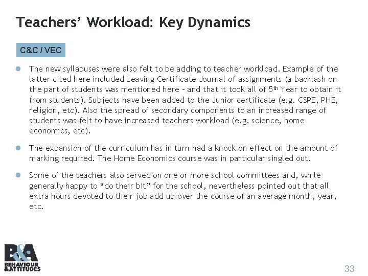 Teachers’ Workload: Key Dynamics C&C / VEC l The new syllabuses were also felt