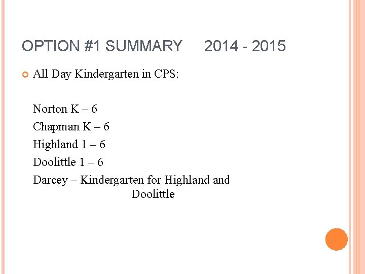 OPTION #1 SUMMARY 2014 - 2015 All Day Kindergarten in CPS: Norton K –