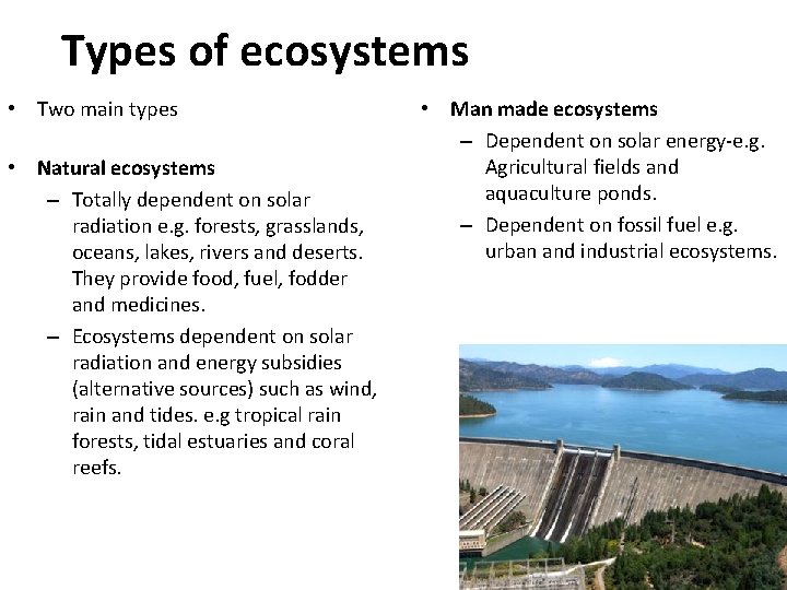 Types of ecosystems • Two main types • Natural ecosystems – Totally dependent on