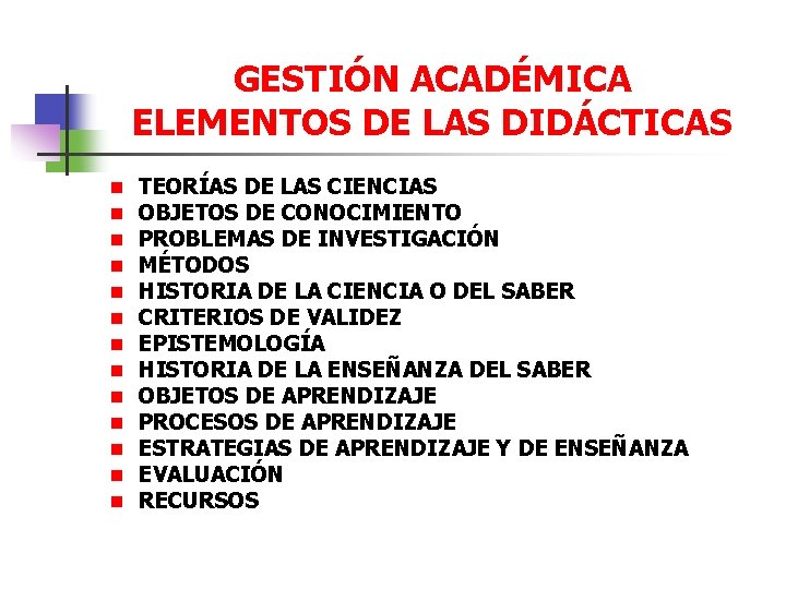 GESTIÓN ACADÉMICA ELEMENTOS DE LAS DIDÁCTICAS n n n n TEORÍAS DE LAS CIENCIAS