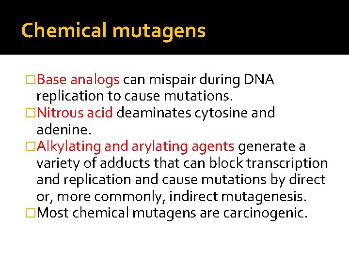 Chemical mutagens �Base analogs can mispair during DNA replication to cause mutations. �Nitrous acid