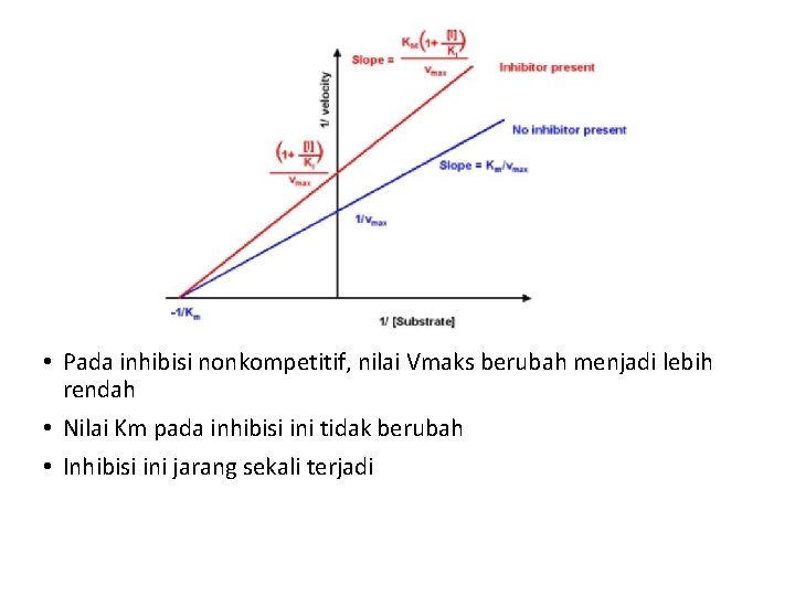  • Pada inhibisi nonkompetitif, nilai Vmaks berubah menjadi lebih rendah • Nilai Km
