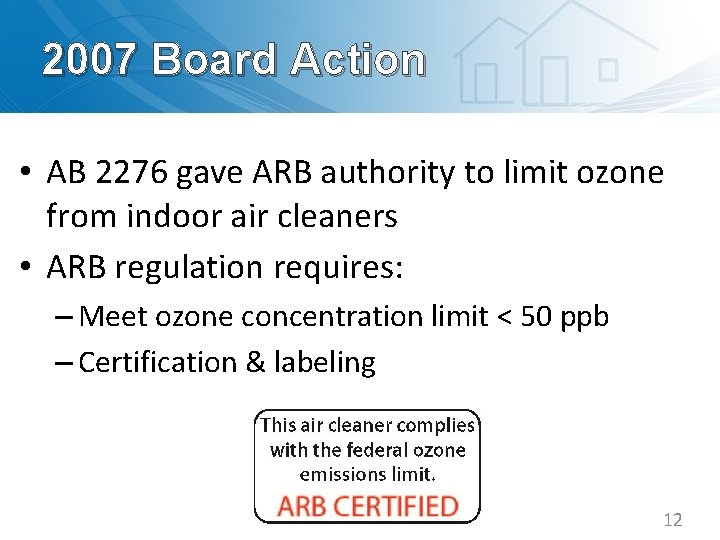 2007 Board Action • AB 2276 gave ARB authority to limit ozone from indoor