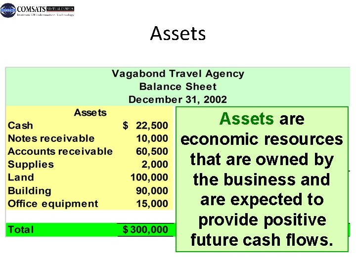Assets are economic resources that are owned by the business and are expected to