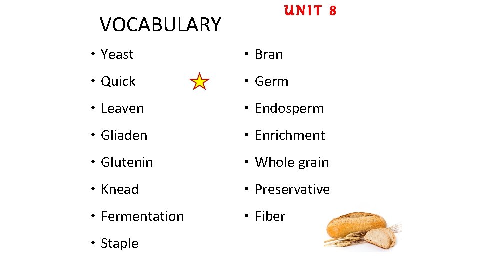 UNIT 8 VOCABULARY • Yeast • Bran • Quick • Germ • Leaven •