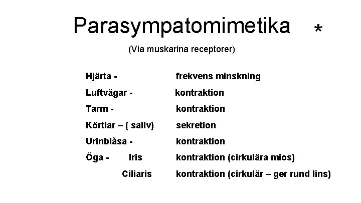 Parasympatomimetika (Via muskarina receptorer) Hjärta - frekvens minskning Luftvägar - kontraktion Tarm - kontraktion