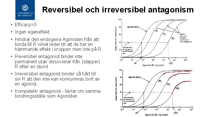 Reversibel och irreversibel antagonism • Efficacy=0 • Ingen egeneffekt • Hindrar den endogena Agonisten