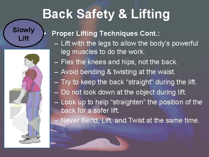 Back Safety & Lifting Slowly Lift • Proper Lifting Techniques Cont. : – Lift