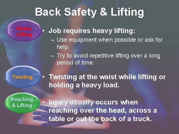 Back Safety & Lifting Heavy Lifting • Job requires heavy lifting: – Use equipment Back Safety & Lifting Heavy Lifting • Job requires heavy lifting: – Use equipment