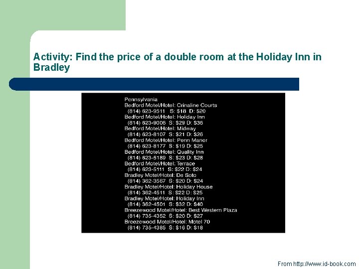 Activity: Find the price of a double room at the Holiday Inn in Bradley