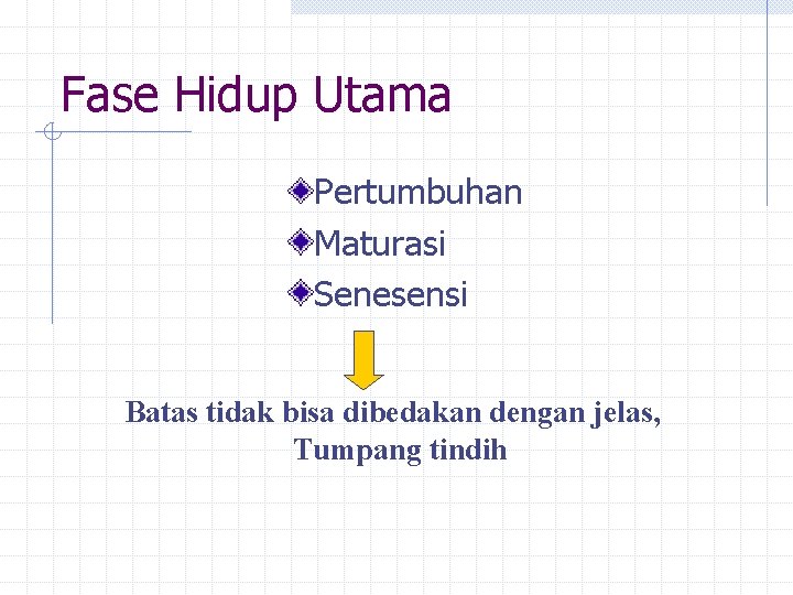 Fase Hidup Utama Pertumbuhan Maturasi Senesensi Batas tidak bisa dibedakan dengan jelas, Tumpang tindih Fase Hidup Utama Pertumbuhan Maturasi Senesensi Batas tidak bisa dibedakan dengan jelas, Tumpang tindih