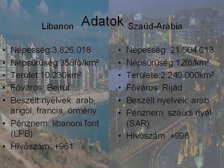 Libanon • • • Adatok Szaúd-Arábia Népesség: 3. 826. 018 Népsűrűség: 358 fő/km² Terület: