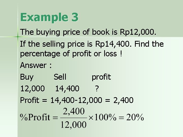 Example 3 The buying price of book is Rp 12, 000. If the selling