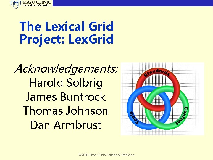Biomedical Informatics The Lexical Grid Project: Lex. Grid Acknowledgements: Harold Solbrig James Buntrock Thomas