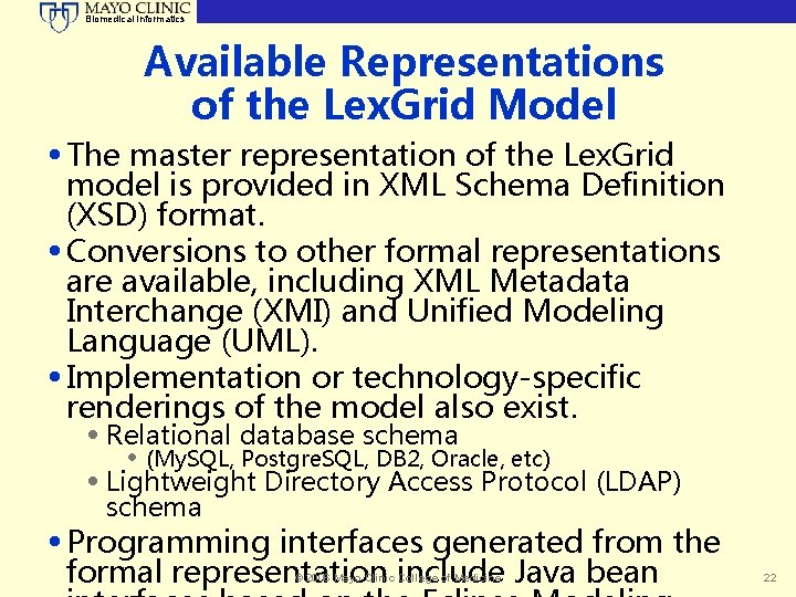 Biomedical Informatics Available Representations of the Lex. Grid Model • The master representation of