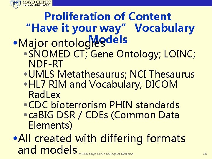 Biomedical Informatics Proliferation of Content “Have it your way” Vocabulary Models • Major ontologies