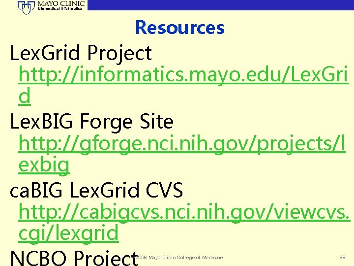 Biomedical Informatics Resources Lex. Grid Project http: //informatics. mayo. edu/Lex. Gri d Lex. BIG