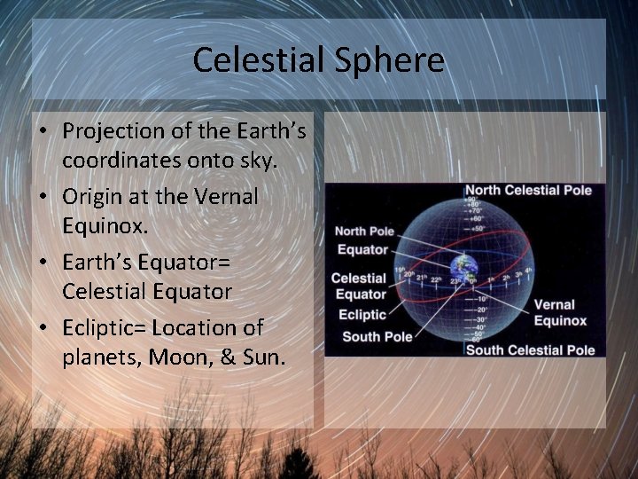 Celestial Sphere • Projection of the Earth’s coordinates onto sky. • Origin at the