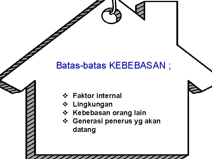 Batas-batas KEBEBASAN ; v v Faktor internal Lingkungan Kebebasan orang lain Generasi penerus yg