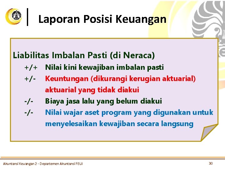 Laporan Posisi Keuangan Liabilitas Imbalan Pasti (di Neraca) +/+ Nilai kini kewajiban imbalan pasti