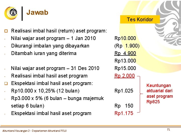 Jawab Tes Koridor ¨ - Realisasi imbal hasil (return) aset program: Nilai wajar aset