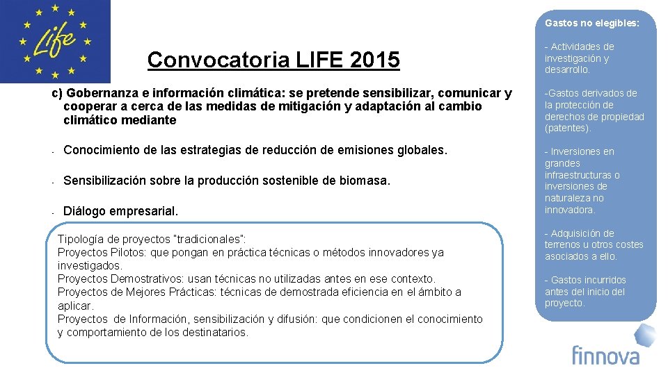 Gastos no elegibles: Convocatoria LIFE 2015 c) Gobernanza e información climática: se pretende sensibilizar,