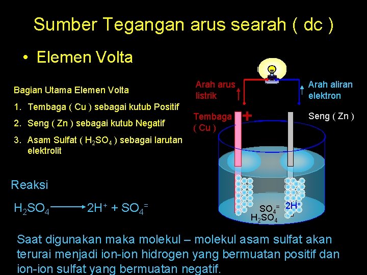 Sumber Tegangan arus searah ( dc ) • Elemen Volta Bagian Utama Elemen Volta