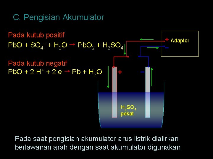 C. Pengisian Akumulator Pada kutub positif Pb. O + SO 4– + H 2