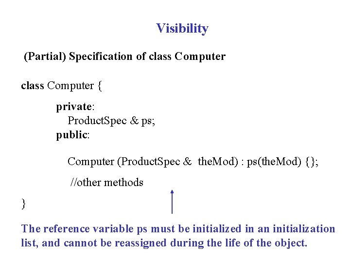 Visibility (Partial) Specification of class Computer { private: Product. Spec & ps; public: Computer