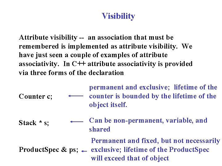 Visibility Attribute visibility -- an association that must be remembered is implemented as attribute