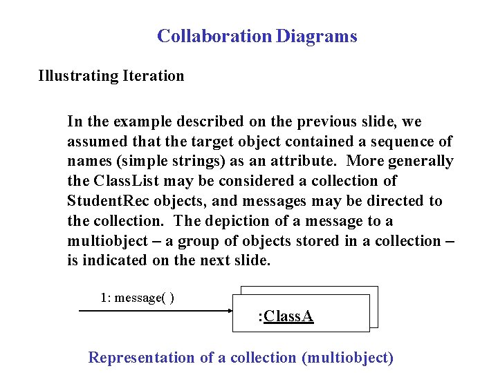 Collaboration Diagrams Illustrating Iteration In the example described on the previous slide, we assumed