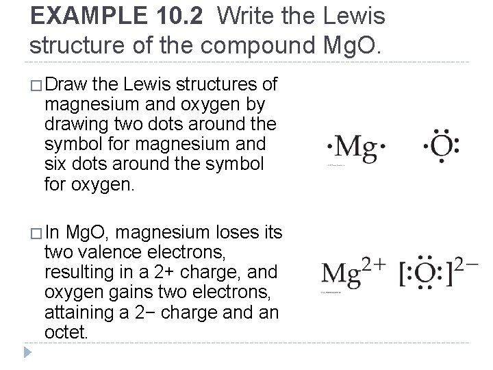 EXAMPLE 10. 2 Write the Lewis structure of the compound Mg. O. �Draw the