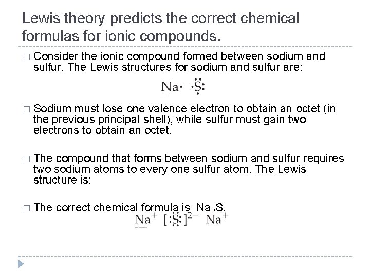 Lewis theory predicts the correct chemical formulas for ionic compounds. � Consider the ionic