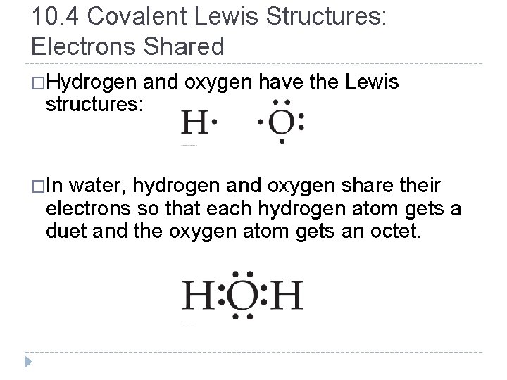 10. 4 Covalent Lewis Structures: Electrons Shared �Hydrogen and oxygen have the Lewis structures:
