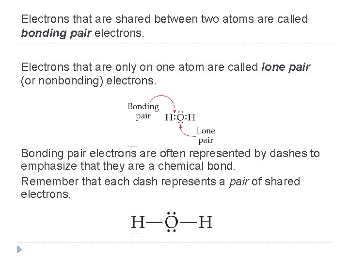 Electrons that are shared between two atoms are called bonding pair electrons. Electrons that
