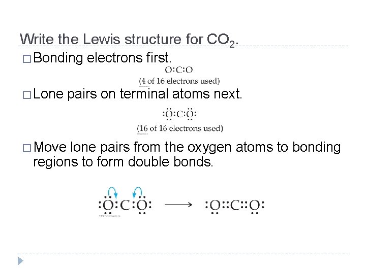 Write the Lewis structure for CO 2. �Bonding electrons first. �Lone pairs on terminal