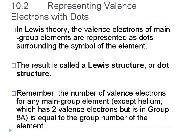 10. 2 Representing Valence Electrons with Dots �In Lewis theory, the valence electrons of