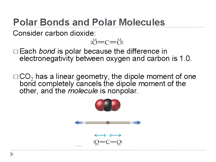 Polar Bonds and Polar Molecules Consider carbon dioxide: � Each bond is polar because